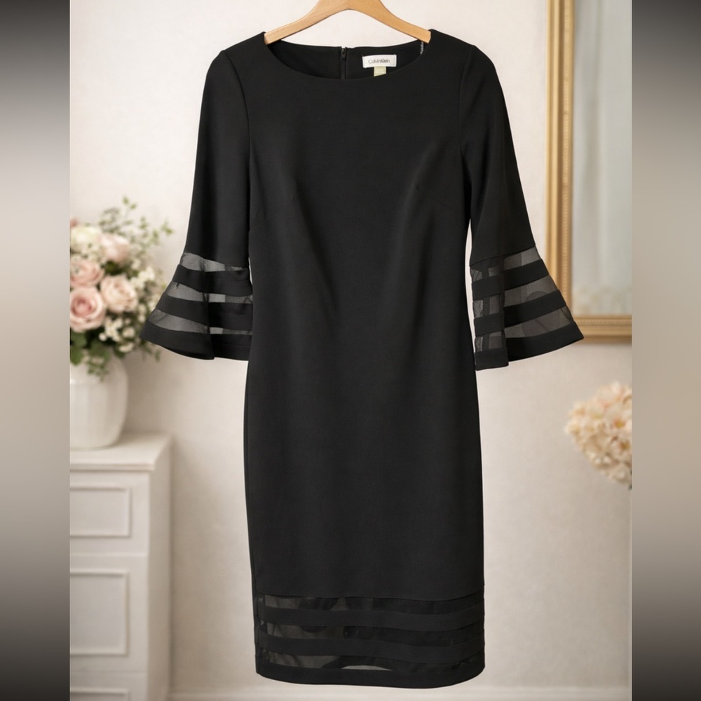 Calvin Klein Black Long Sleeve Dress with mesh bell 3/4 sleeves S Small